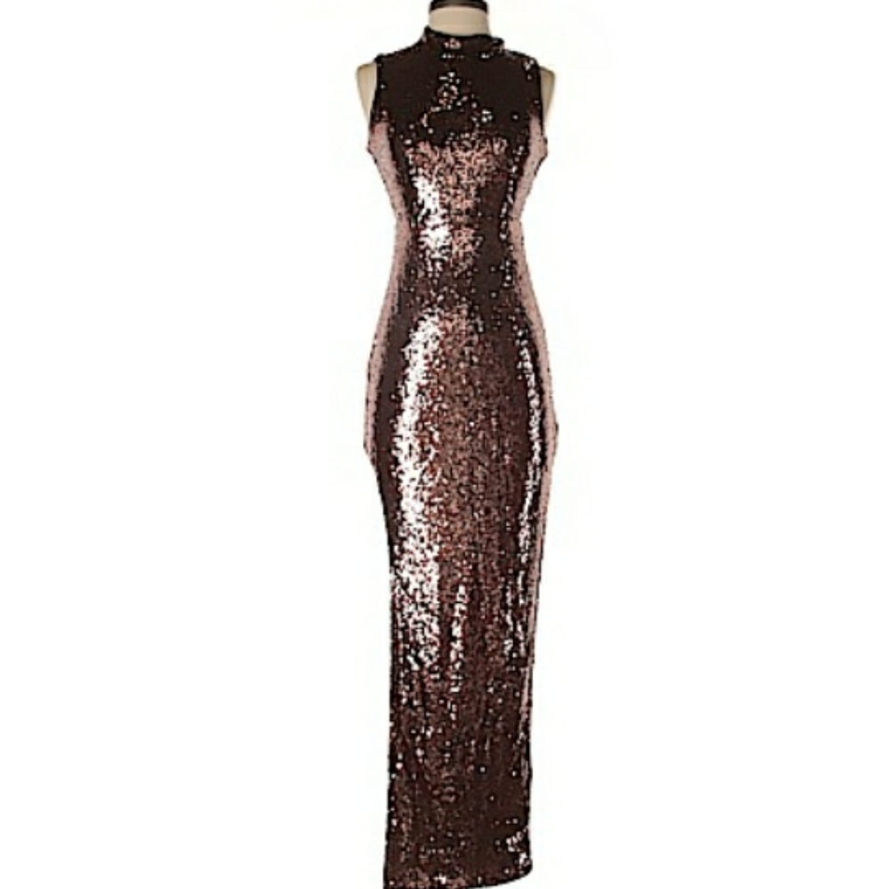 Copper brass full length sequined formal evening gown XS / US 2-4